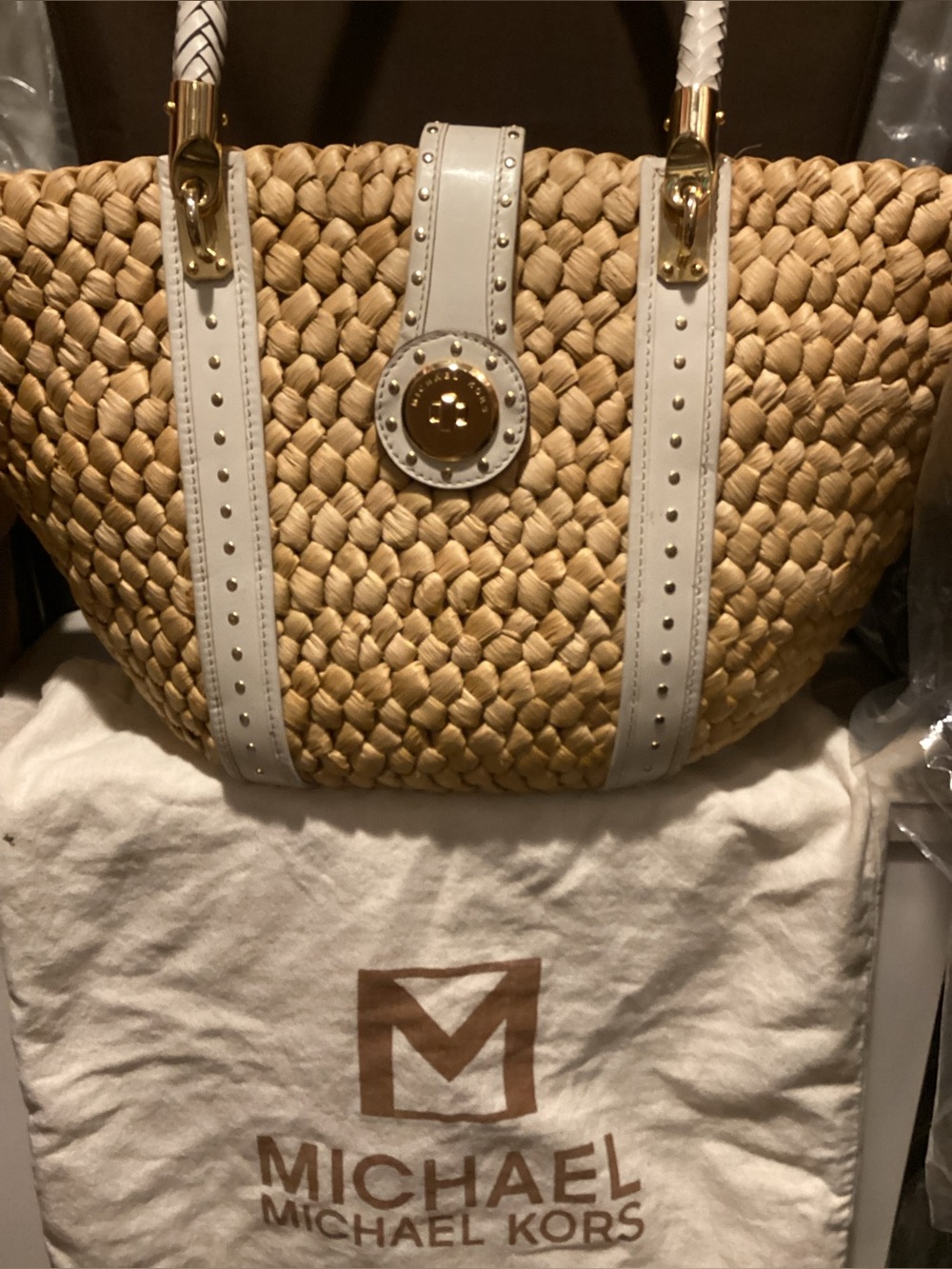 Michael Kors Woven Tan and White Santorini Tote Large